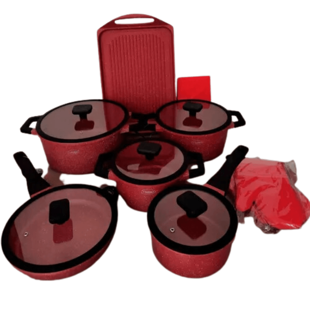 Juego de Ollas Roca Volcánica de 11 Pcs Color Rojo Juego de Ollas Roca Volcánica de 11 Pcs Color Rojo