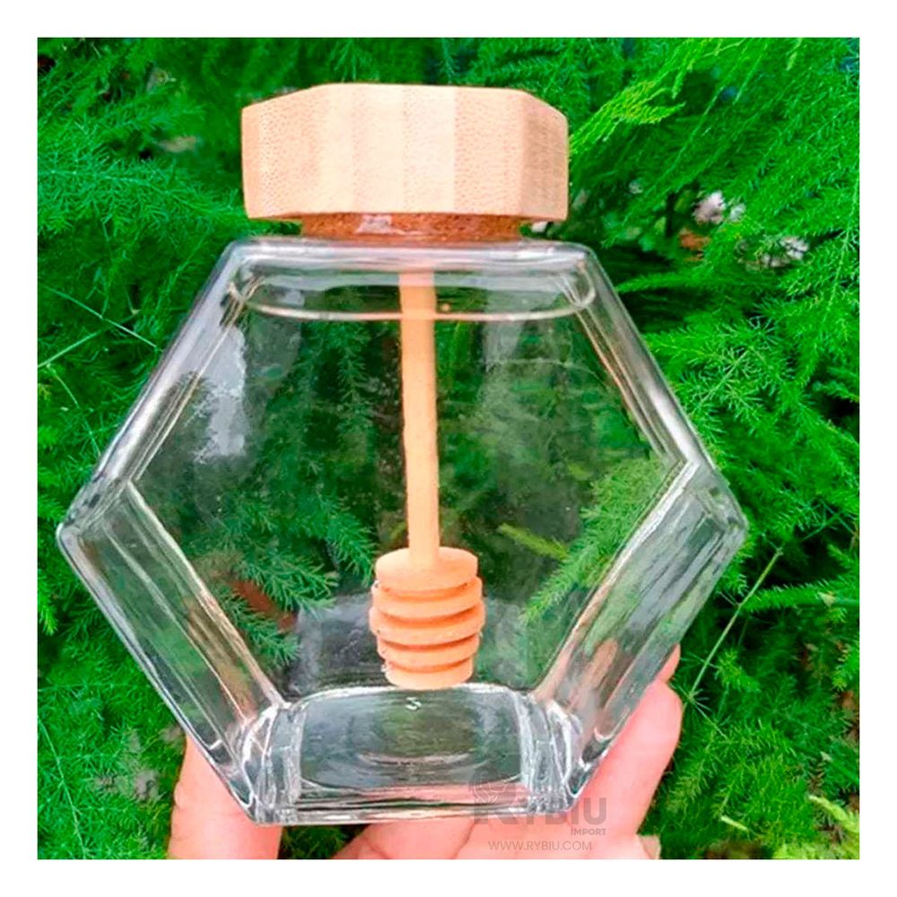 Frasco Hexagonal de 380 ml de Tapa de Madera Transparente Frasco Hexagonal de 380 ml de Tapa de Madera Transparente