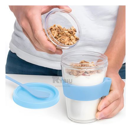 Vaso para Yogurt y Cereal con Cuchara en Tono Celeste