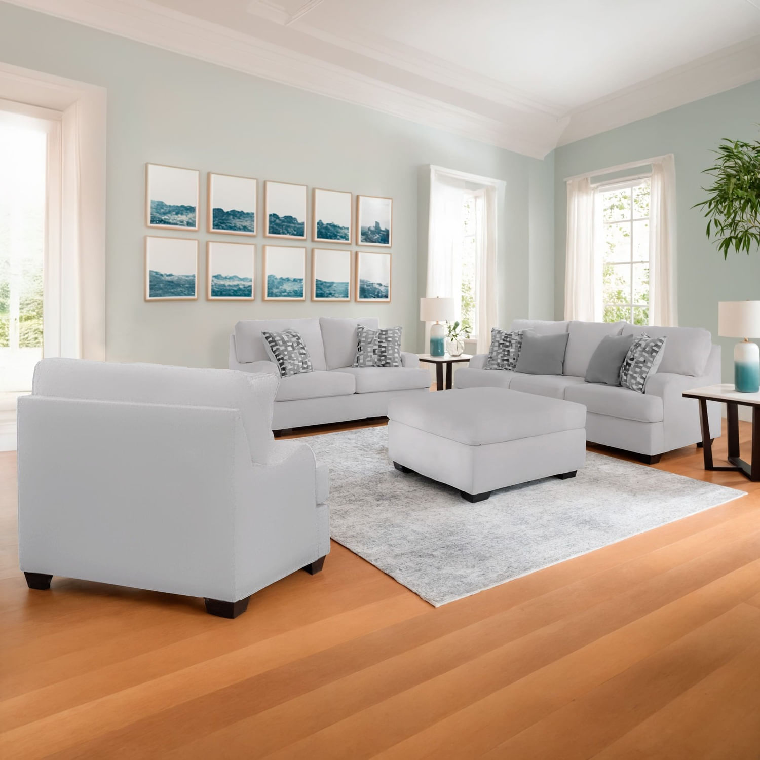 Juego de Sala Athina 3-2-1 Gris Plata + Banqueta