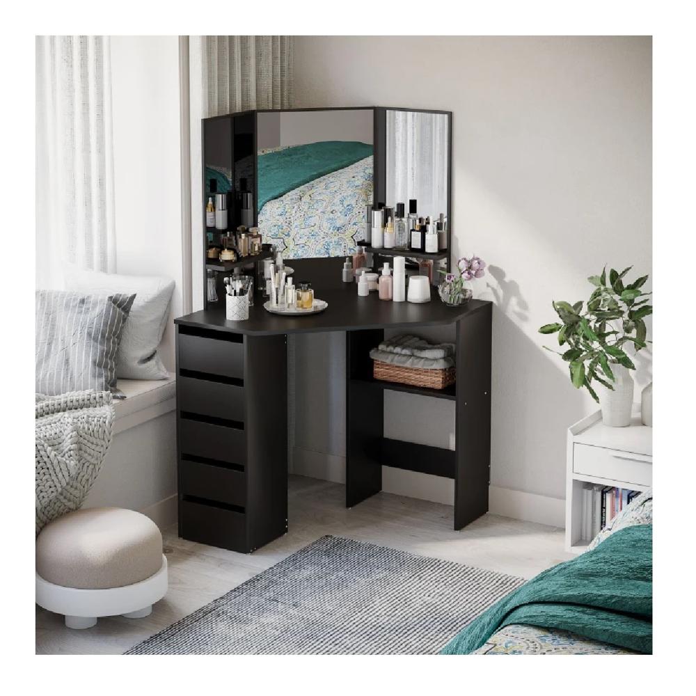 Tocador Esquinero TU MESITA Sigrid color Negro 3 espejos 5 cajones