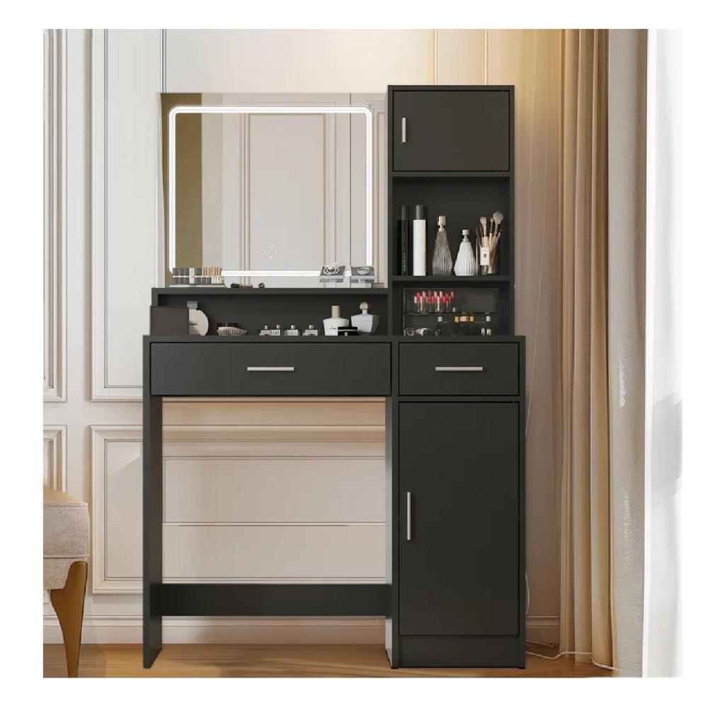 Tocador Moderno TU MESITA Icarus color Negro 2 cajones 2 puertas espejo LED