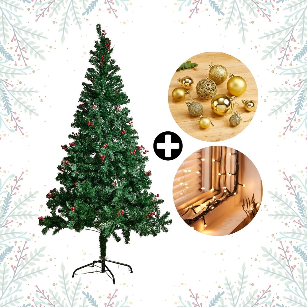 COMBO Navideño Colección Dorada Orange: Árbol de navidad con Berries 210cm con 864 ramas + Set de 88 Bolas Doradas + Tira 10m de 200 luces LED Cálida