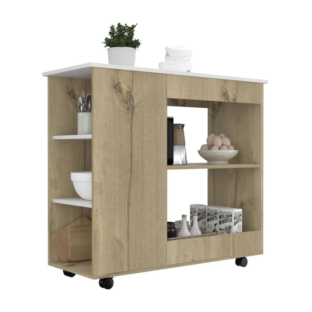 Mueble Meson de Cocina Bicolor con Ruedas Melamina Duna/Blanco