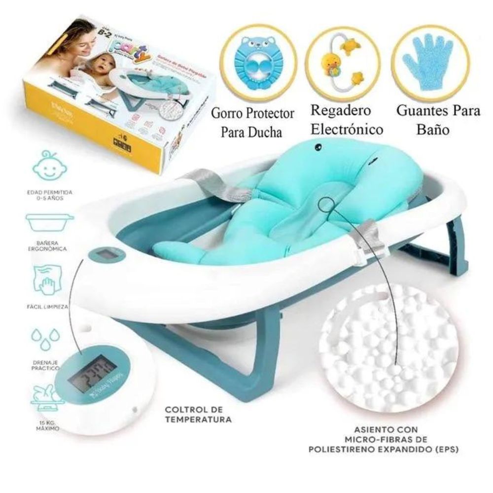 Bañera de bebé plegable con cojín acolchado de apoyo color azul Bañera de bebé plegable con cojín acolchado de apoyo color azul