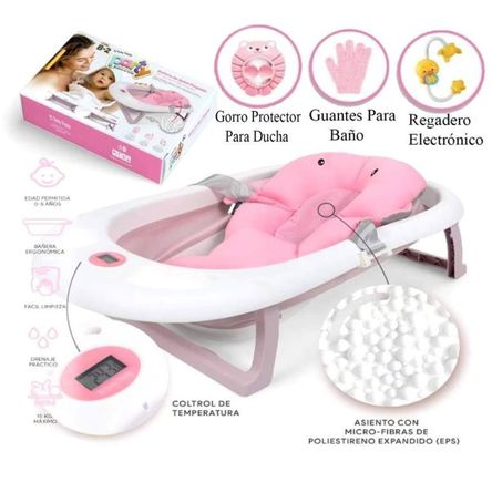 Bañera de bebé plegable con cojín acolchado de apoyo color ROSADO Bañera de bebé plegable con cojín acolchado de apoyo color ROSADO