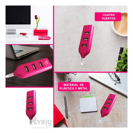Hub Transportable 4 Puertos Usb 2.0 de Tono Fucsia Hub Transportable 4 Puertos Usb 2.0 de Tono Fucsia