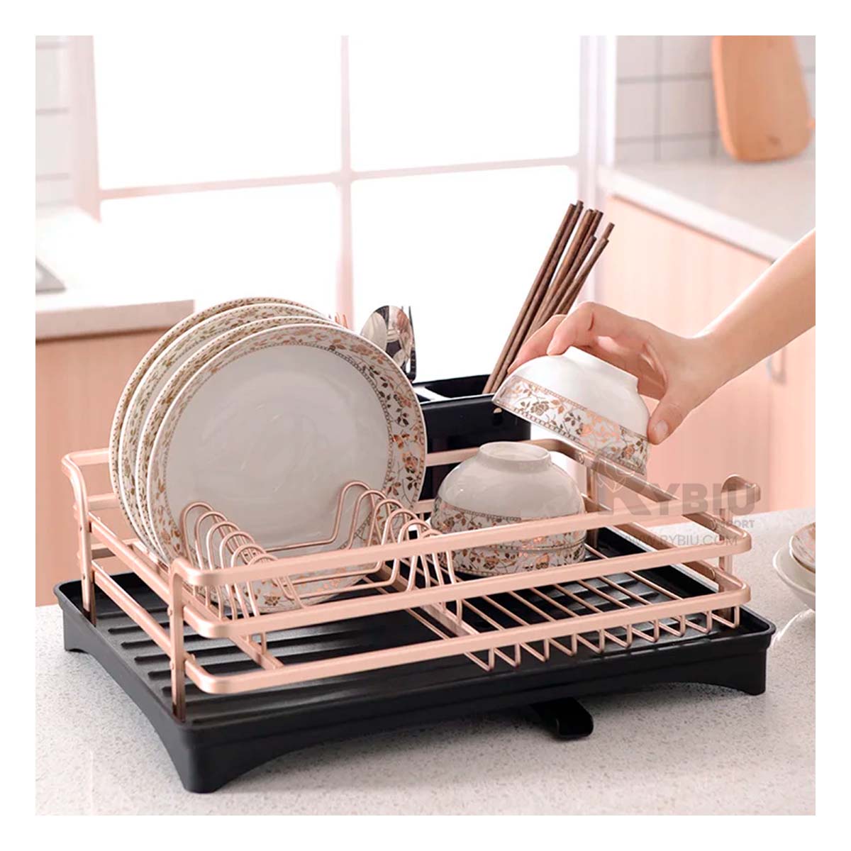 Escurridor de Platos y Utensilios con Drenaje en Oro Rosa