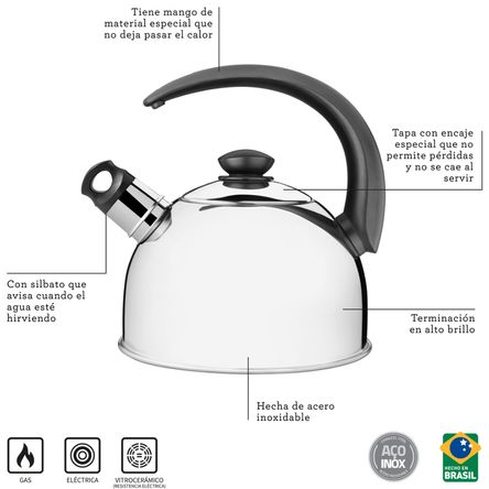 Tetera con Silbato de Acero Inoxidable 2,1 L Tramontina Tetera con Silbato de Acero Inoxidable 2,1 L Tramontina