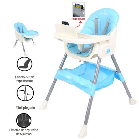 Silla de Comer Baby Kits STEPS Plegable Doble bandeja Celeste