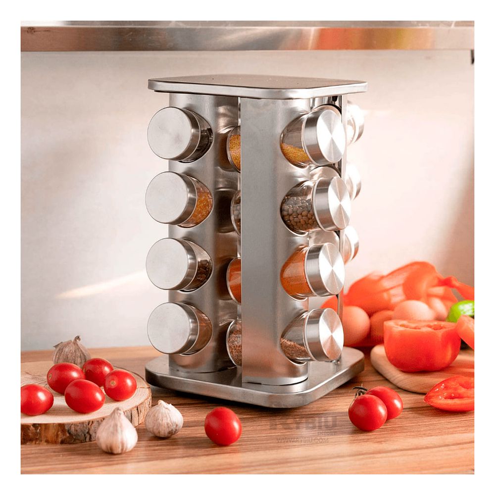 Condimentero para Cocina Cuadrado con 16 Frascos en Acero Condimentero para Cocina Cuadrado con 16 Frascos en Acero