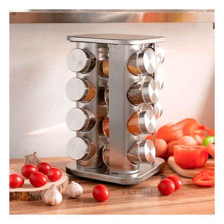 Condimentero para Cocina Cuadrado con 16 Frascos en Acero Condimentero para Cocina Cuadrado con 16 Frascos en Acero