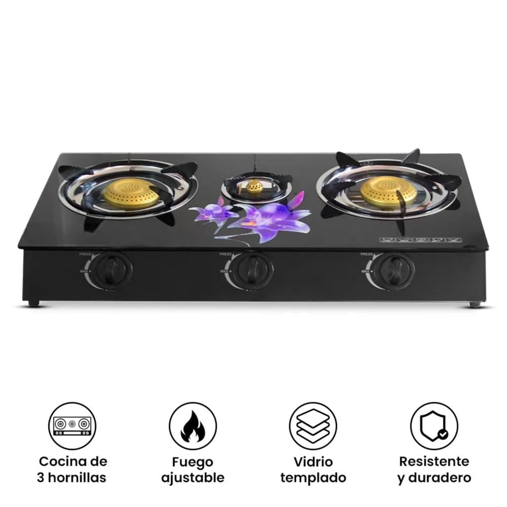 Cocina de Mesa a Gas GK1003G 3 Hornillas vidrio templado