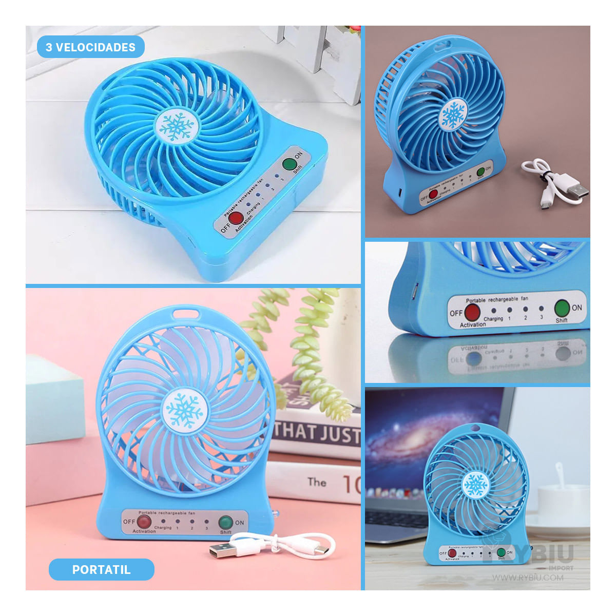 Mini Ventilador 3 Velocidades en Azul Y+Post-it adhesivos