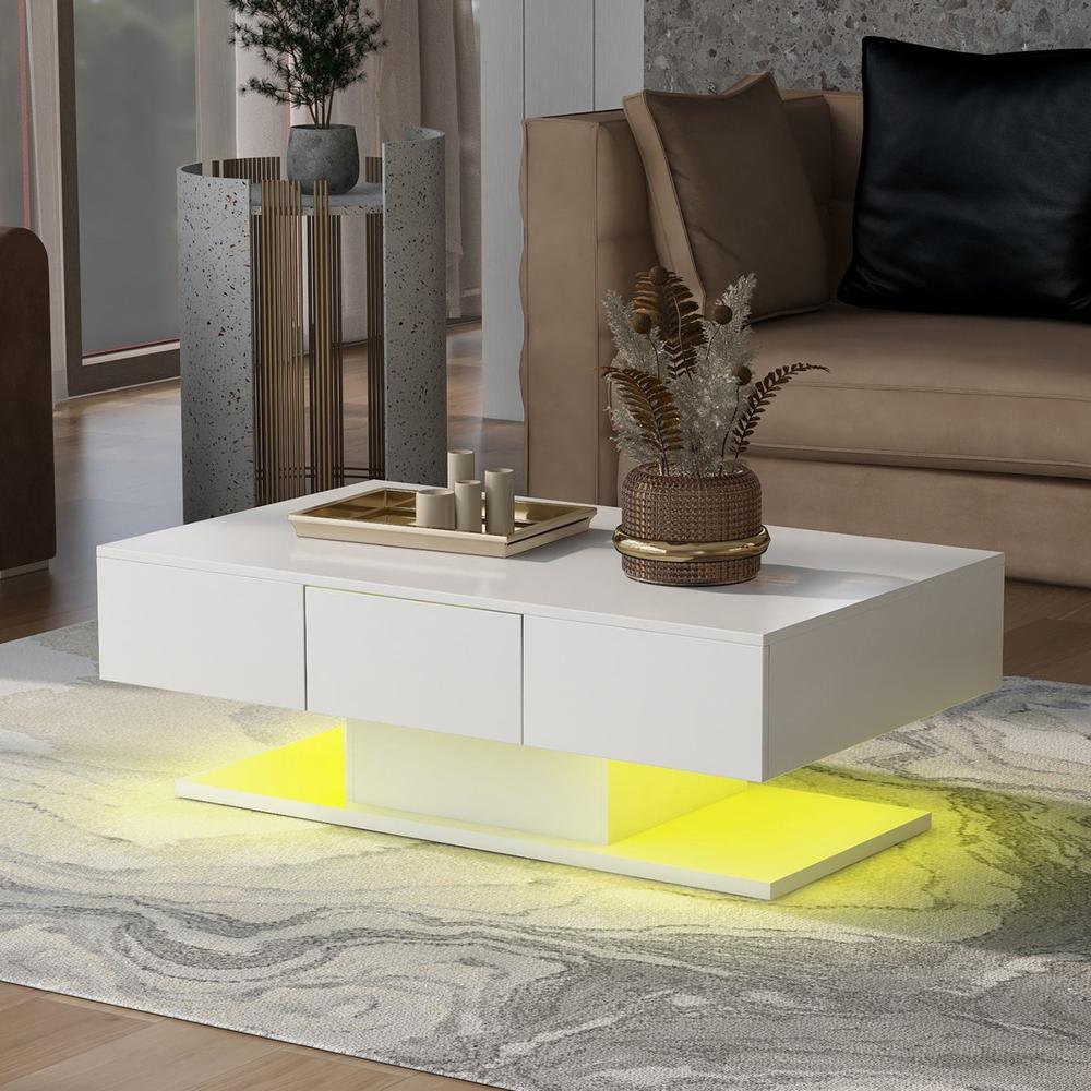 Mesa de Centro Moderna TU MESITA Amauta color Blanco 2 cajones LED