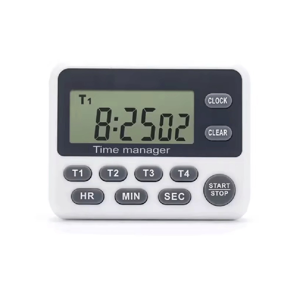 Temporizador Cronómetro Timer de 04 Canales Con Reloj para Cocina Laboratorio