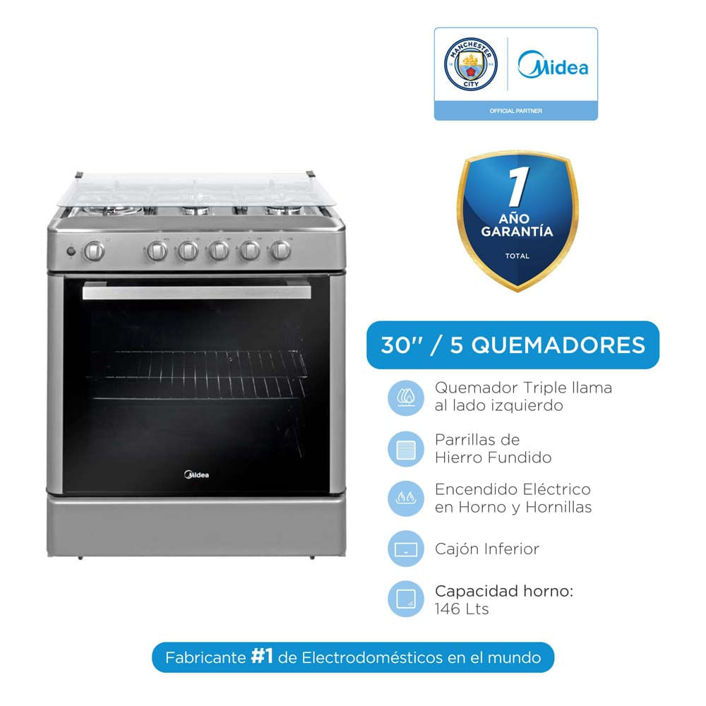 Cocina a Gas MIDEA 5 Quemadores MGS30FS2LBAMB-PE Silver