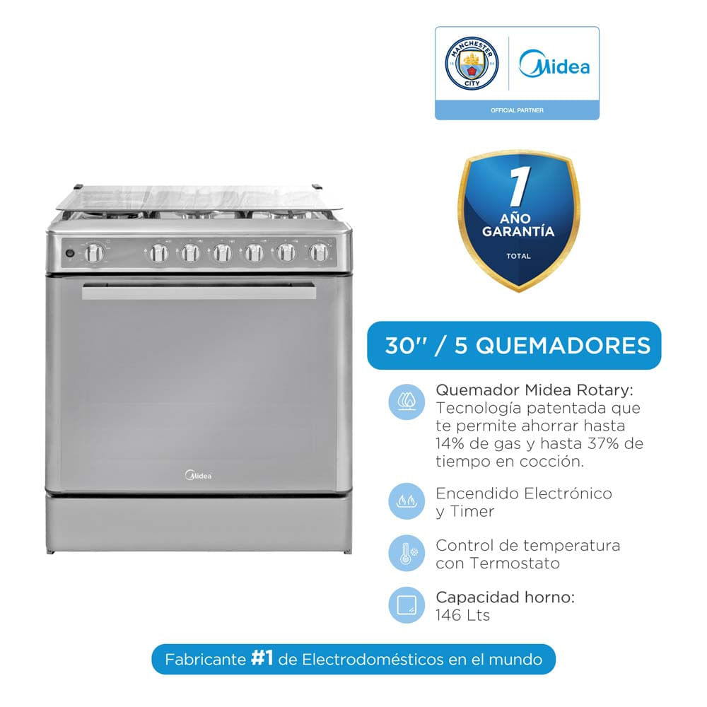 Cocina a Gas MIDEA 5 Quemadores MGS30F2LCCWSS-PE Acero Inoxidable