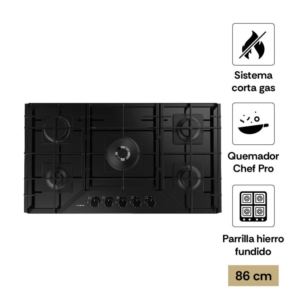 Cocina Encimera Sole S-Collection SOLCO067 Vidrio Templado a Gas 86cm