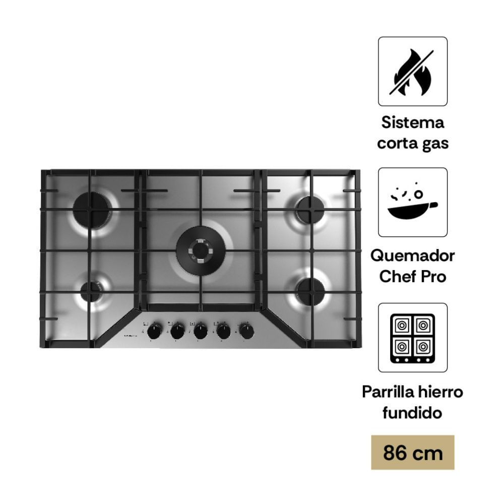 Cocina Encimera Sole S-Collection SOLCO065 Acero Inoxidable a Gas 86cm