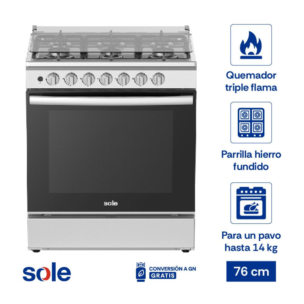 Cocina de Pie a Gas Sole Aruba 6 Hornillas Acero 76cm Gris | con Horno