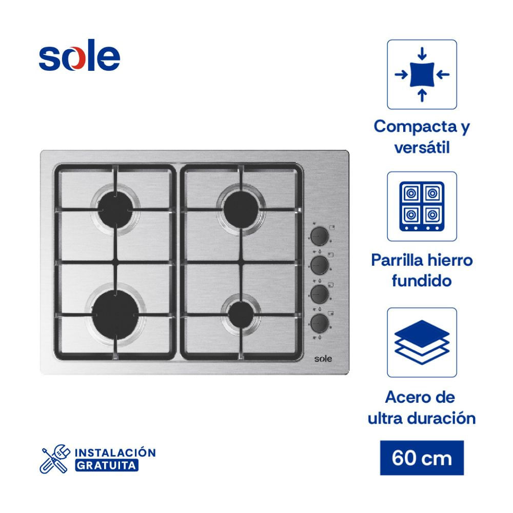 Cocina Encimera Empotrable a Gas Sole SOLCO048V2 Compacta 4 Hornillas Acero Gris