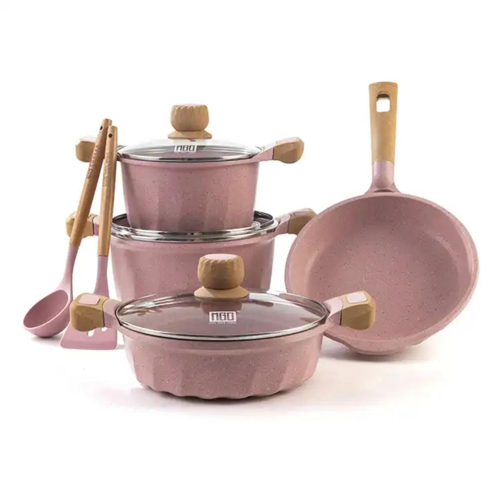 Juego De Olla Roca Volcánica Anti-adherente 9pcs Color Rosa - MGC Juego De Olla Roca Volcánica Anti-adherente 9pcs Color Rosa - MGC