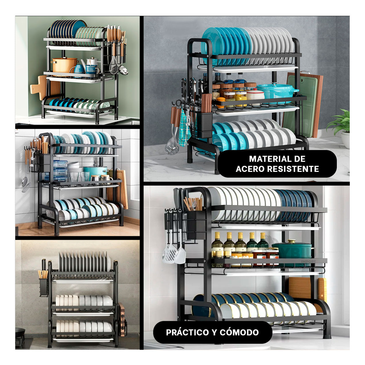 Escurreplatos con 3 Pisos en Color Negro Y+Post-it adhesivos