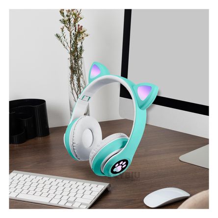 Audifonos con Diseño de Gato Color Verde Y+Papel de Regalo