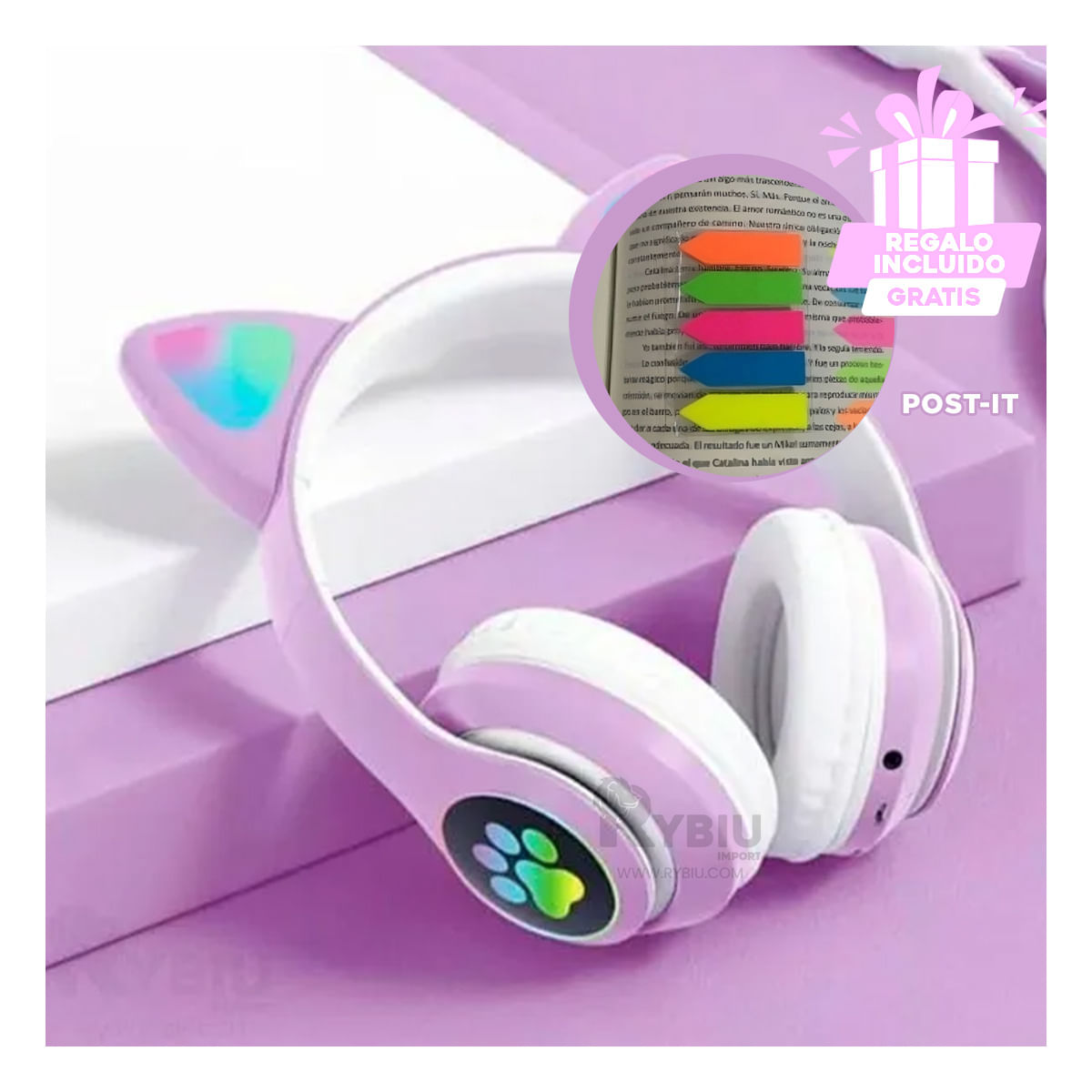 Cascos Kawai con Orejitas en Morado Y+Post-it adhesivos