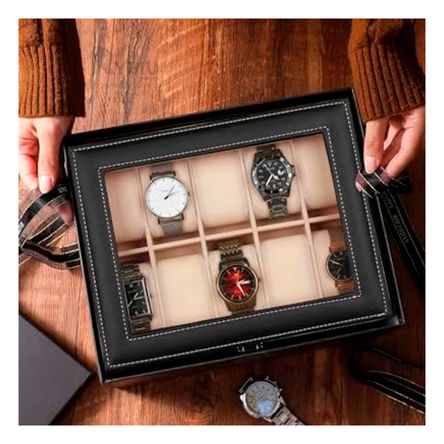 Organizador Porta Relojes de Cuero Sintetico en Color Negro