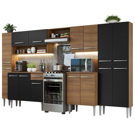 Mueble de Cocina Integral Emilly 325 cm Marrón/Negro/Marrón 02 Mueble de Cocina Integral Emilly 325 cm Marrón/Negro/Marrón 02