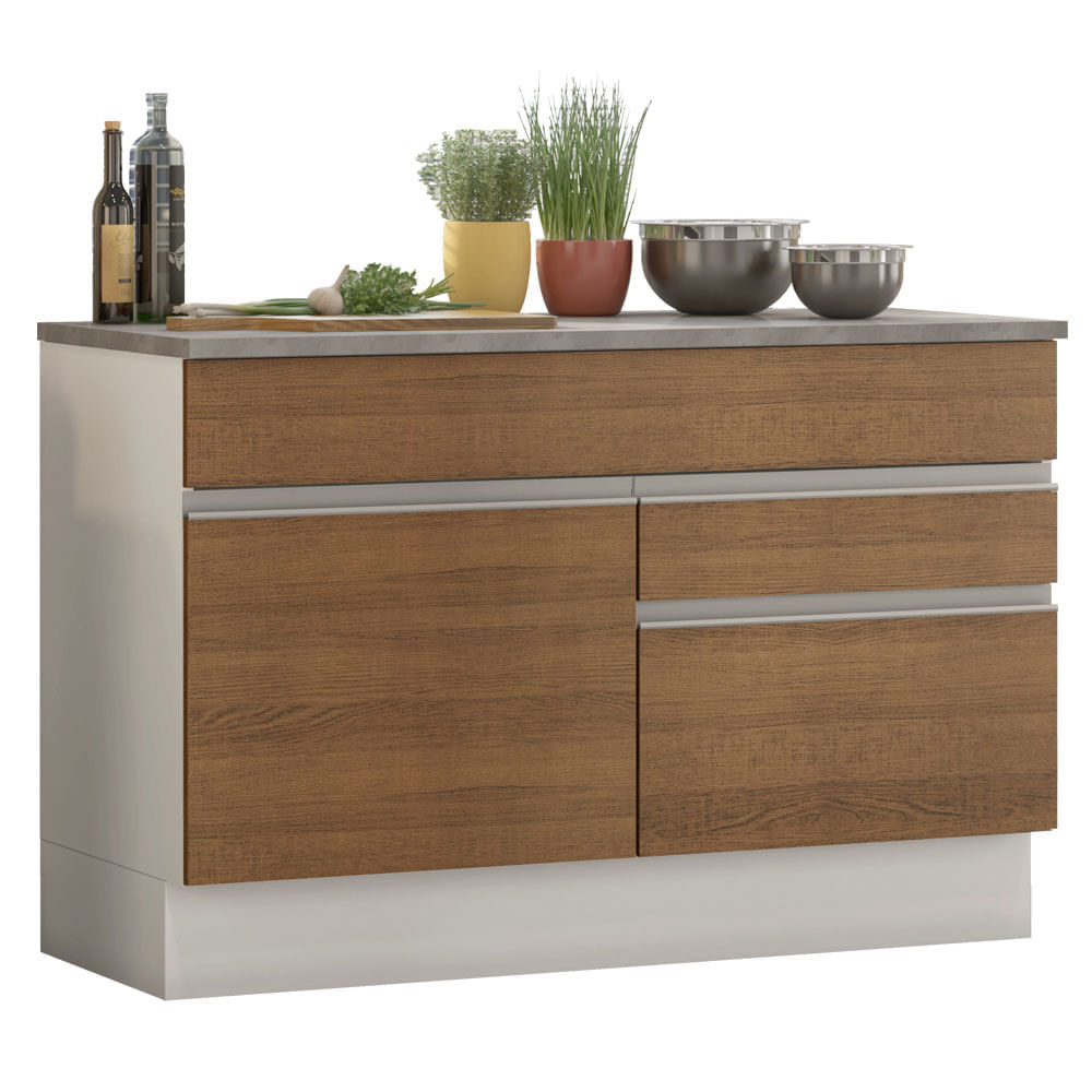 Mueble de Cocina 1 Puerta y 2 Cajones Glamy 120 cm con Encimera Blanco/Marrón Mueble de Cocina 1 Puerta y 2 Cajones Glamy 120 cm con Encimera Blanco/Marrón