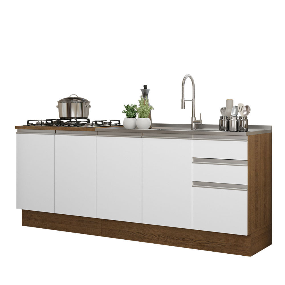Kit 2 Muebles de Cocina 4 Puertas y 3 Cajones Glamy 200 cm Marrón/Blanco Kit 2 Muebles de Cocina 4 Puertas y 3 Cajones Glamy 200 cm Marrón/Blanco