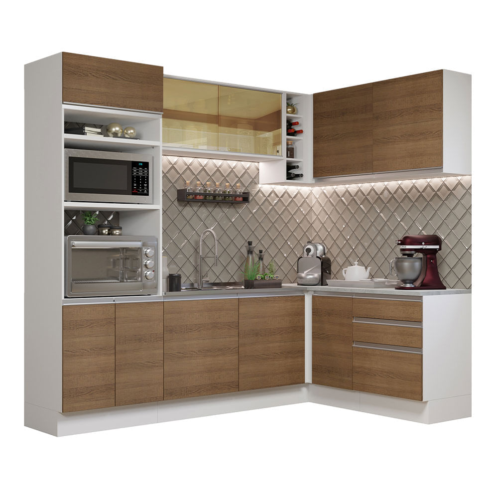 Mueble de Cocina Integral Esquinero Glamy 399 cm Blanco/Marrón 02 Mueble de Cocina Integral Esquinero Glamy 399 cm Blanco/Marrón 02