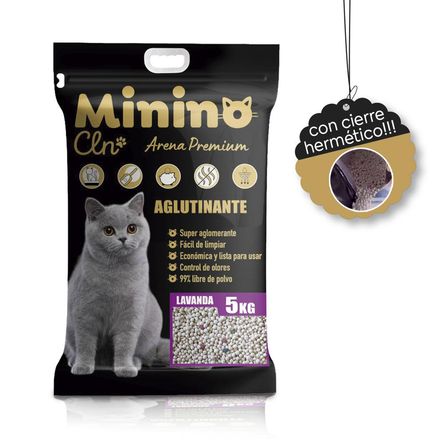 Arena Sanitaria para gato MARCA MININO CLEAN Aroma a Lavanda de 5 Kg con aza y cierre hermetico Arena PREMIUM para gato aroma Lavanda de 5 Kg con asa y cierre hermético