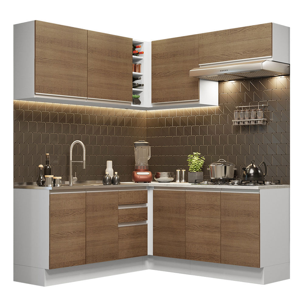 Mueble de Cocina Integral Esquinero Glamy 349 cm Blanco/Marrón 03 Mueble de Cocina Integral Esquinero Glamy 349 cm Blanco/Marrón 03