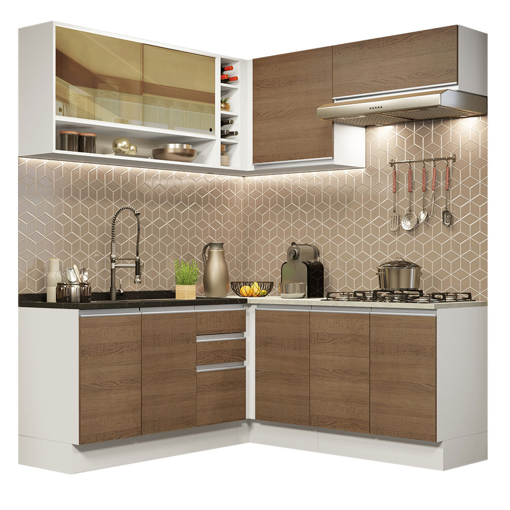 Mueble de Cocina Integral Esquinero Glamy 349 cm Blanco/Marrón 04 Mueble de Cocina Integral Esquinero Glamy 349 cm Blanco/Marrón 04