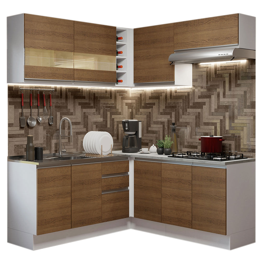 Mueble de Cocina Integral Esquinero Glamy 349 cm Blanco/Marrón 01