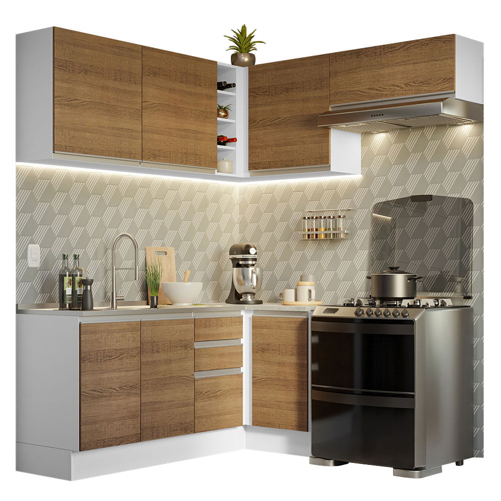 Mueble de Cocina Integral Esquinero Glamy 349 cm Blanco/Marrón 07 Mueble de Cocina Integral Esquinero Glamy 349 cm Blanco/Marrón 07