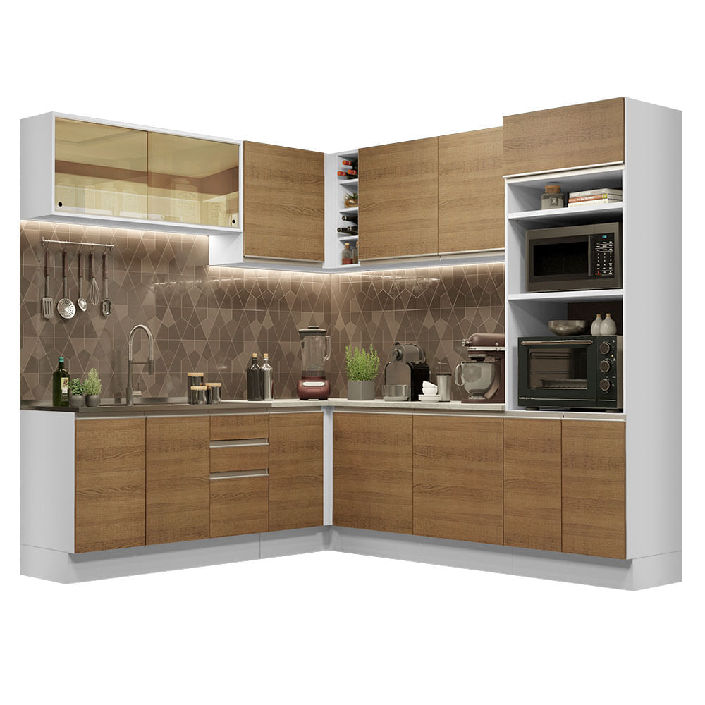 Mueble de Cocina Integral Esquinero Glamy 459 cm Blanco/Marrón 01 Mueble de Cocina Integral Esquinero Glamy 459 cm Blanco/Marrón 01