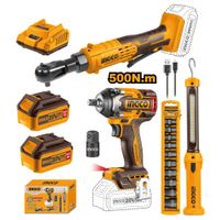 Kit Llave De Impacto Ingco 20V 500nm + Llave Ratchet + Set Dados De Impacto + Linterna COSLI240461