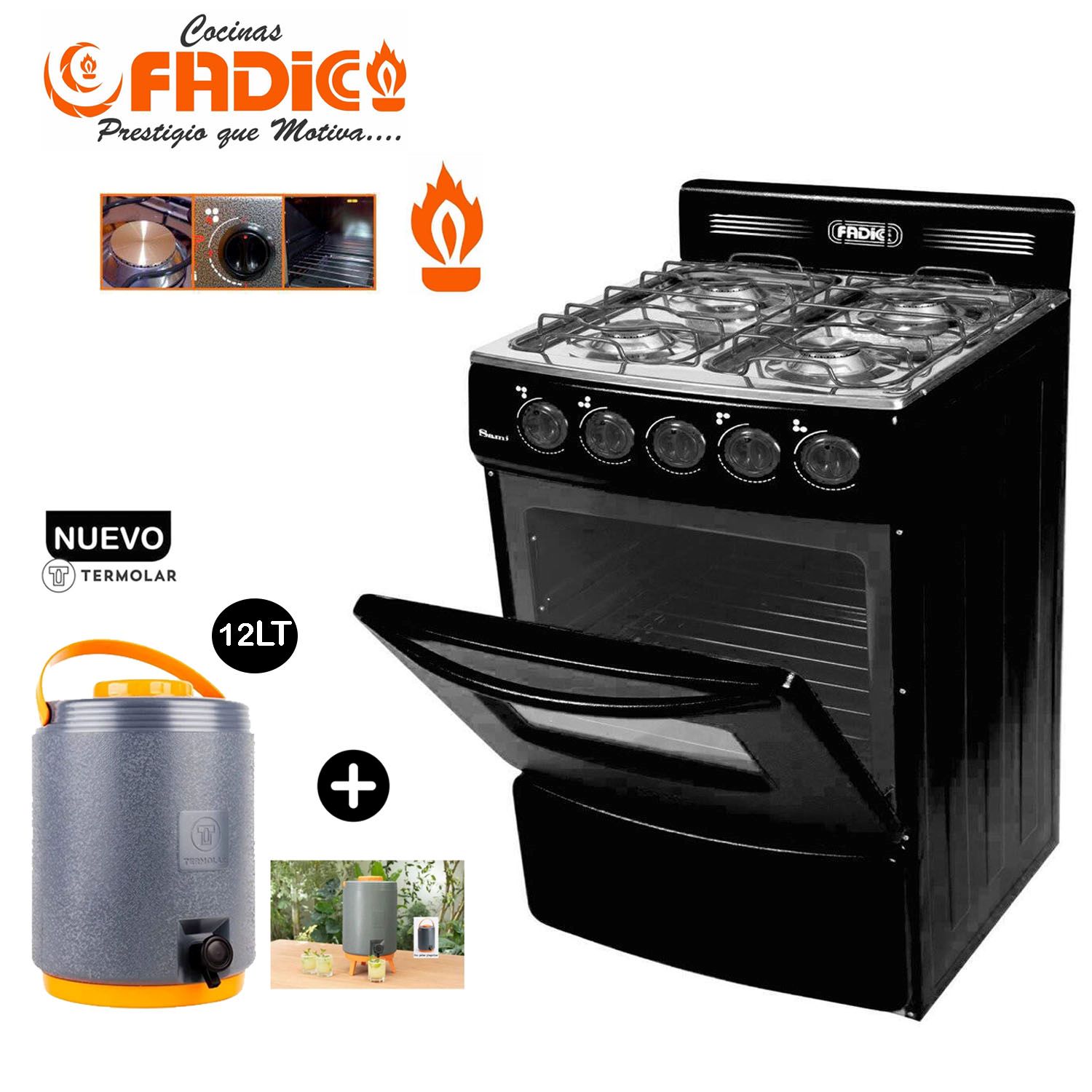 Cocina con respaldar y horno sami 4h negro +maxitermo termolar 12tl gris