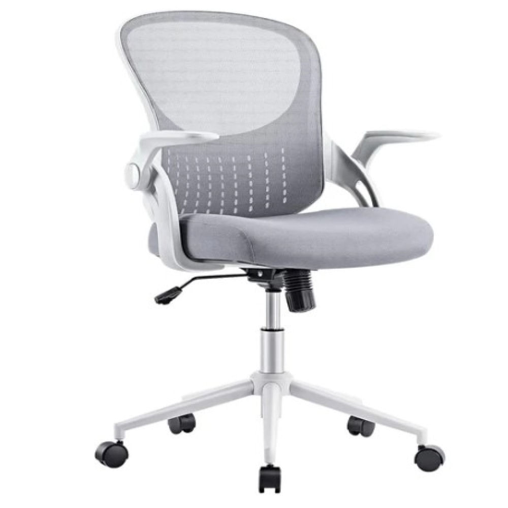 Silla de oficina ergonómica gris con soporte lumbar y reposabrazos