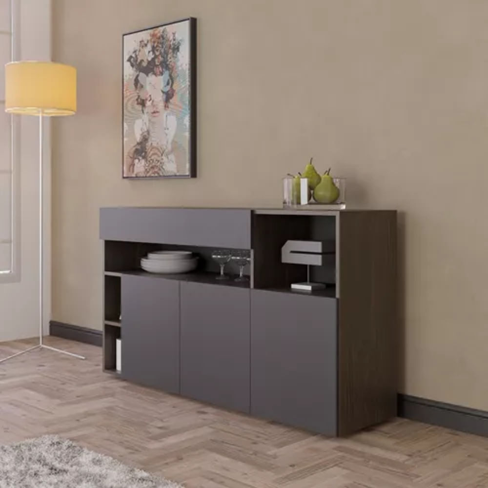 APARADOR VAJILLERO MODERNO LUCILA WENGUE/NEGRO 1 CAJÓN 3 PUERTAS RYR MUEBLES