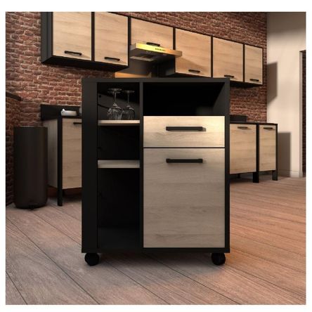 Mueble Auxiliar de Cocina TU MESITA Sissy color Negro/Roble con ruedas Mueble Auxiliar de Cocina TU MESITA Sissy color Negro/Roble con ruedas