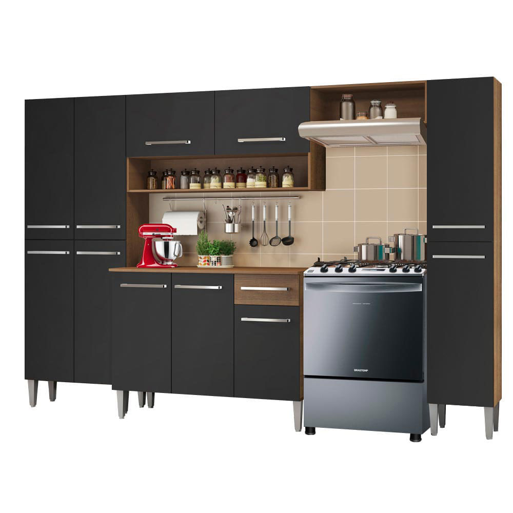 Mueble de Cocina Integral Emilly Hit 261 cm Marrón/Negro 01 Mueble de Cocina Integral Emilly Hit 261 cm Marrón/Negro 01