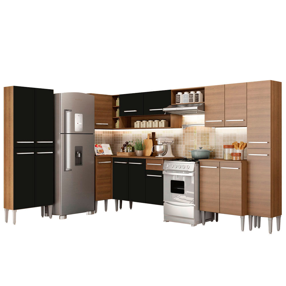 Mueble de Cocina Integral Emilly Live 513 cm Marrón/Negro 01 Mueble de Cocina Integral Emilly Live 513 cm Marrón/Negro 01