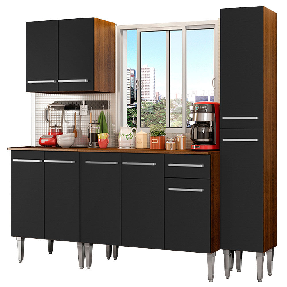 Mueble de Cocina Integral Emilly Sing 201 cm Marrón/Negro 01 Mueble de Cocina Integral Emilly Sing 201 cm Marrón/Negro 01