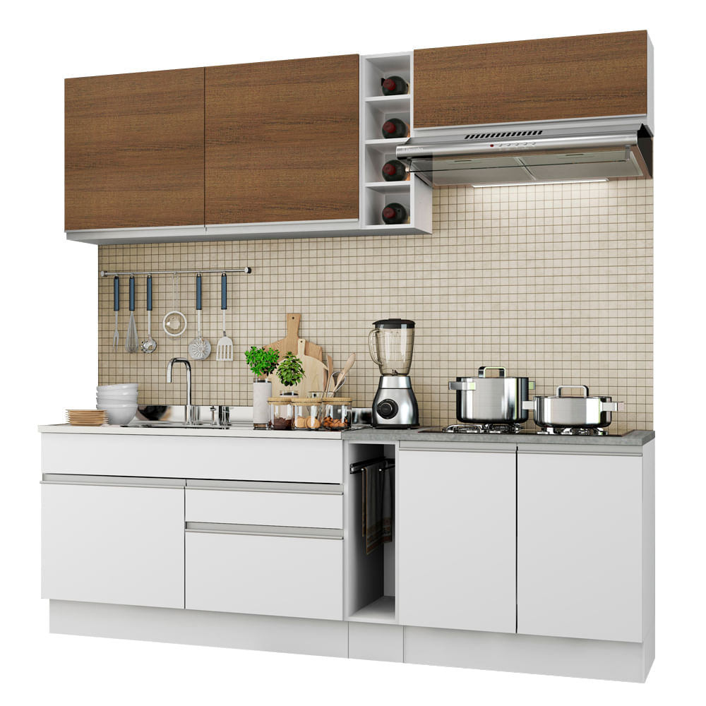 Mueble de Cocina Integral Parma 220 cm Blanco/Blanco/Marrón 03 Mueble de Cocina Integral Parma 220 cm Blanco/Blanco/Marrón 03